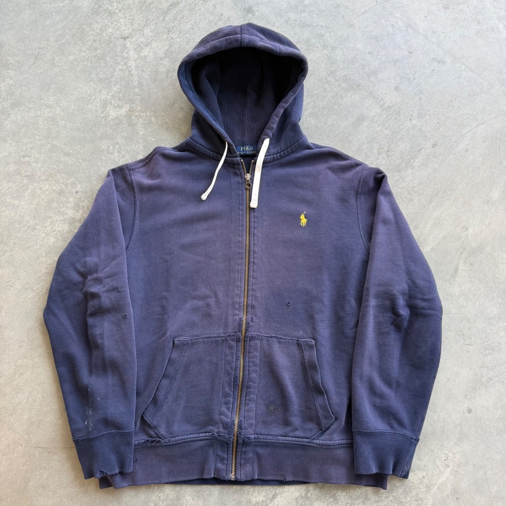 Vintage Polo Ralph Lauren Mens XL Full Zip Hoodie Navy Blue Distressed Waffle